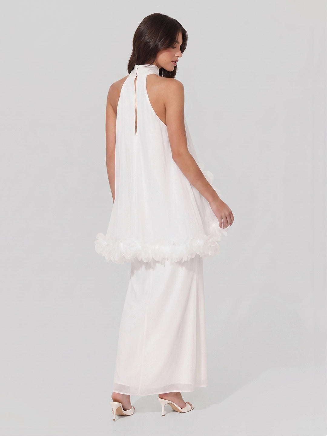 Halter Cape Gown with Floral Trim