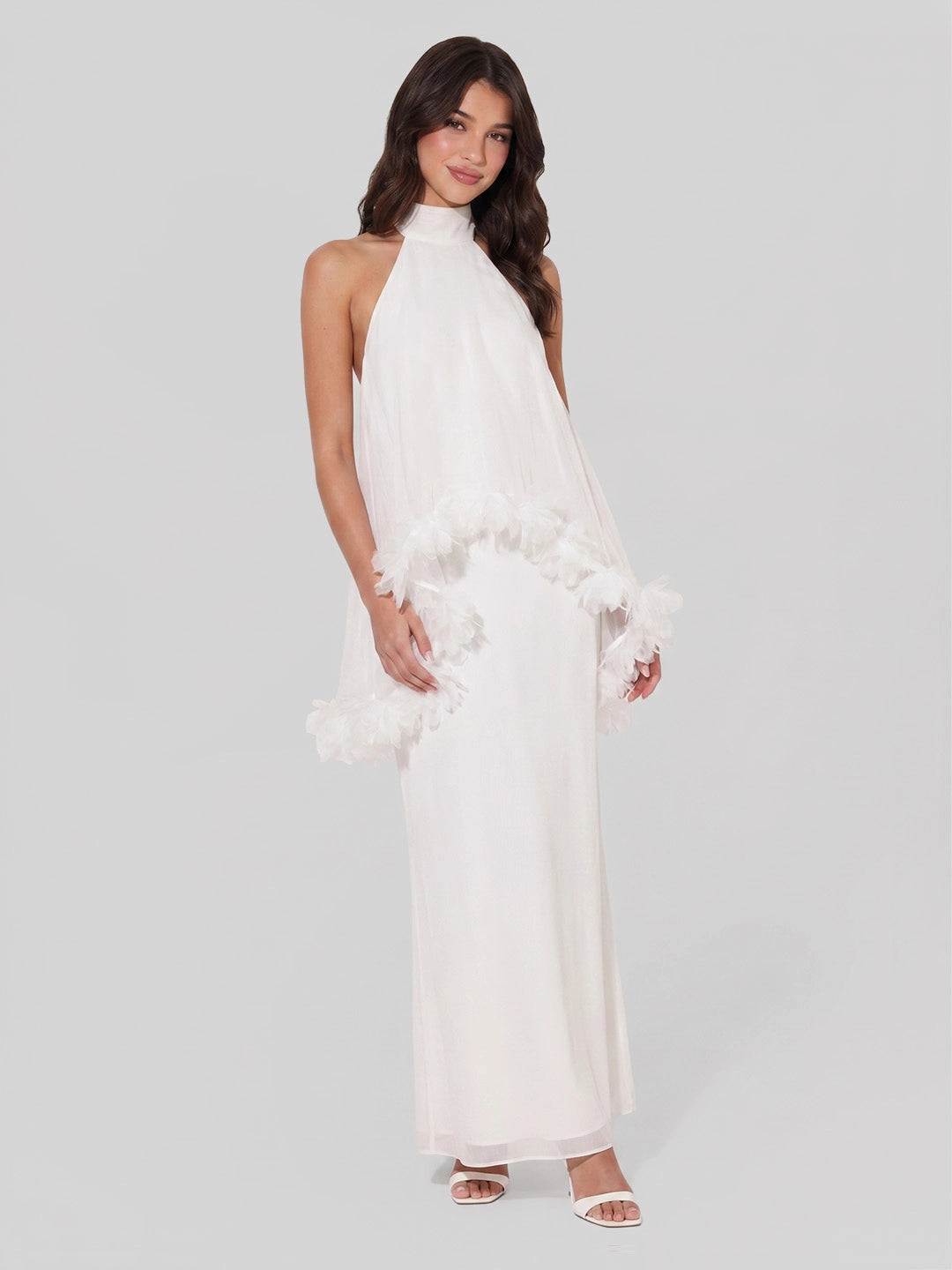 Halter Cape Gown with Floral Trim