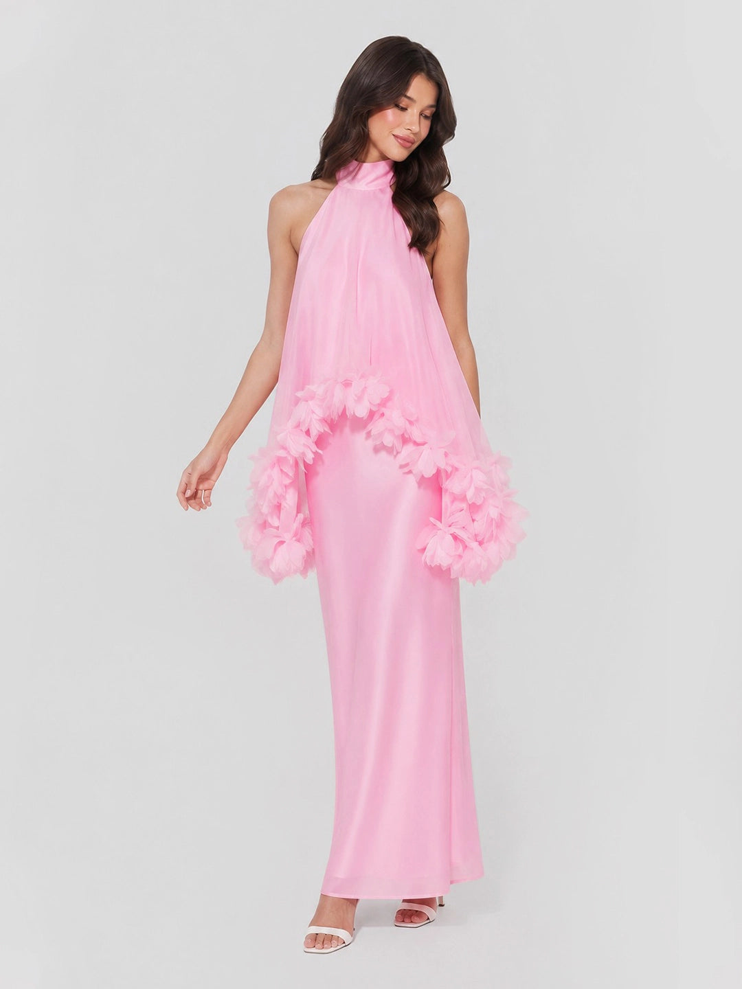 Halter Cape Gown with Floral Trim