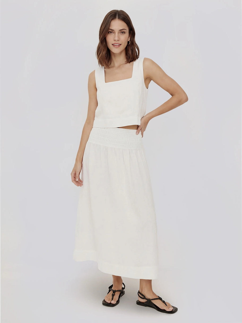 Smocked Waist Linen Midi Skirt