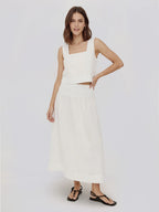 Smocked Waist Linen Midi Skirt