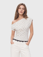 Polka Dot One Shoulder Lace Trim Top