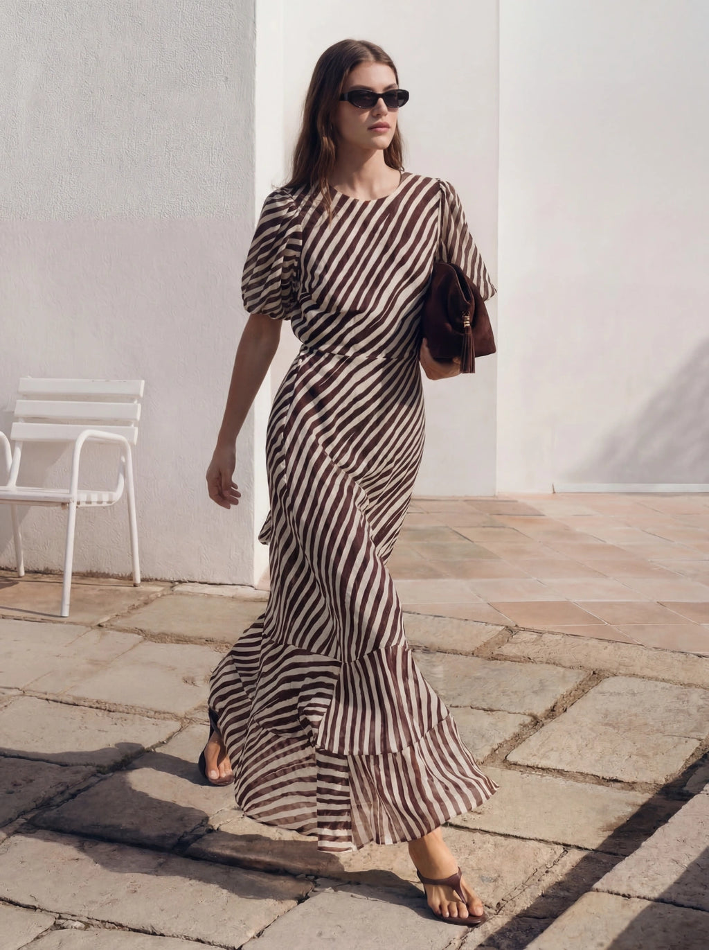 Stripe Ruffle Tiered Chiffon Maxi Dress