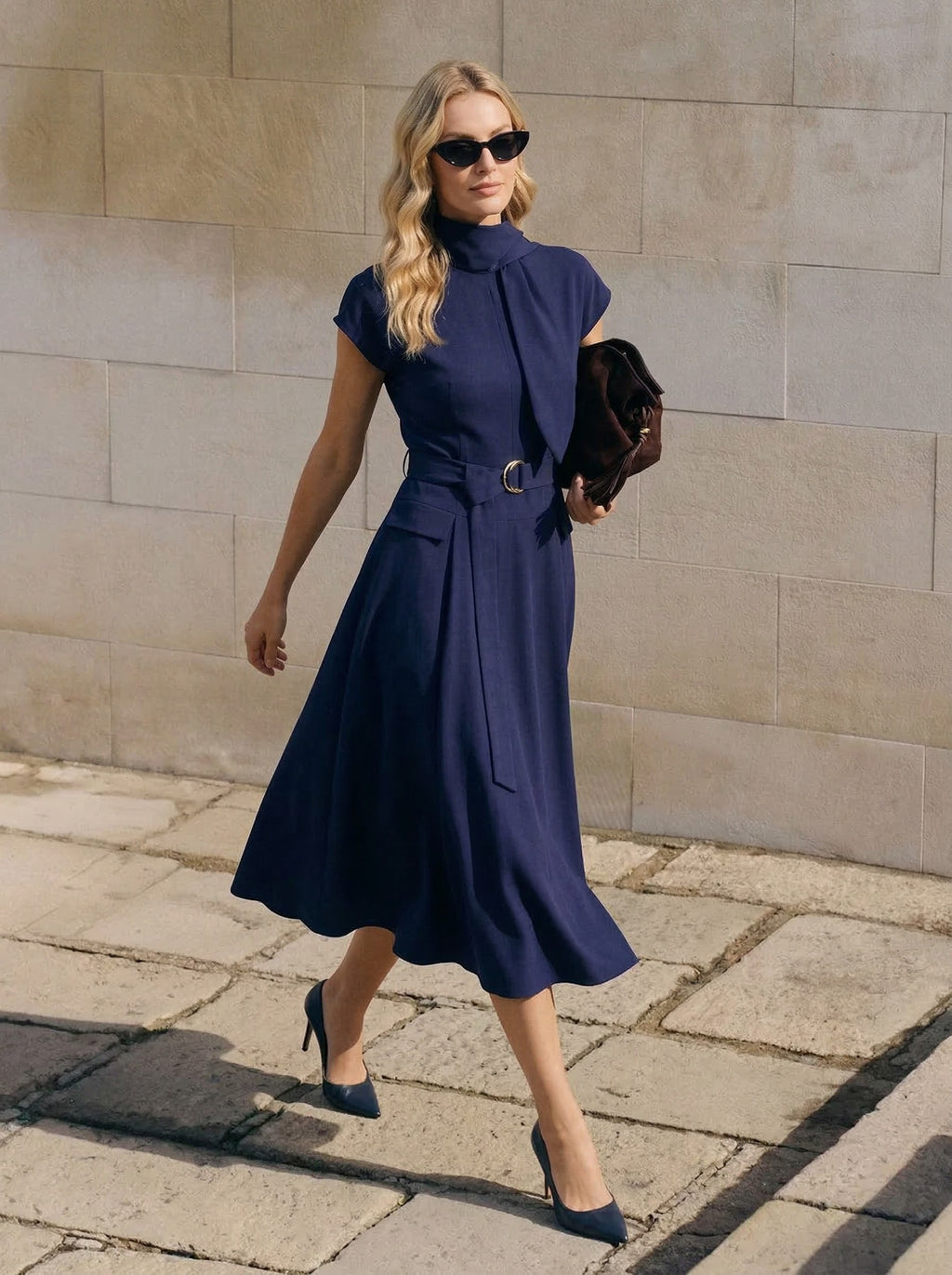 Tie-Neck Belted Sleeveless A-Line Midi Dress