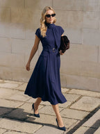 Tie-Neck Belted Sleeveless A-Line Midi Dress