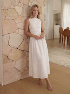Boat Neck Eyelet A-Line Maxi Dress