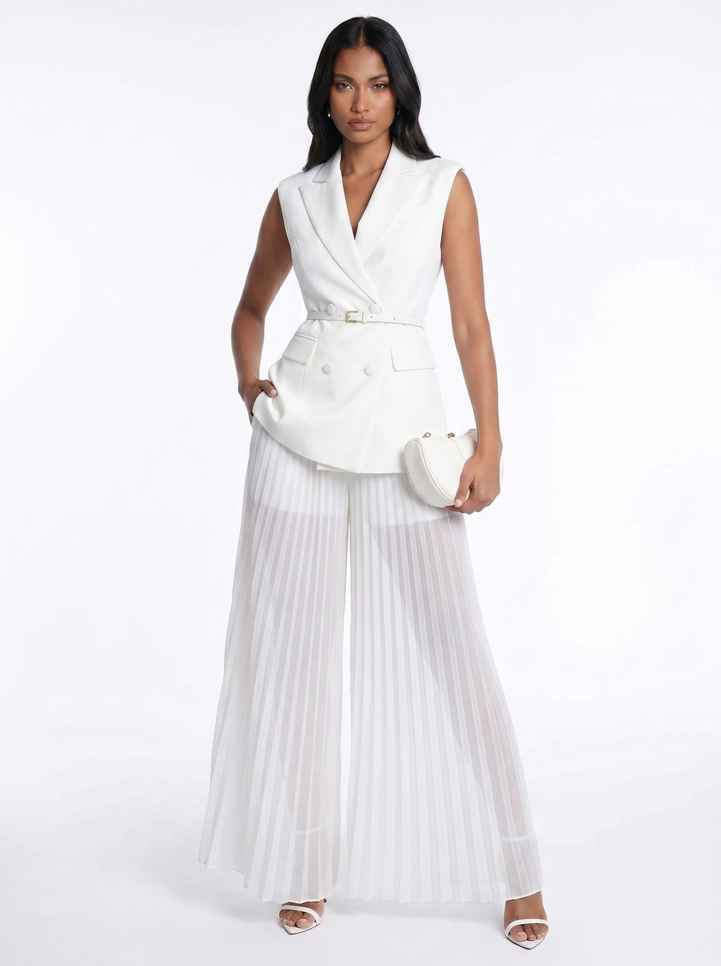 Belted Blazer Pleated Maxi Skirt Set