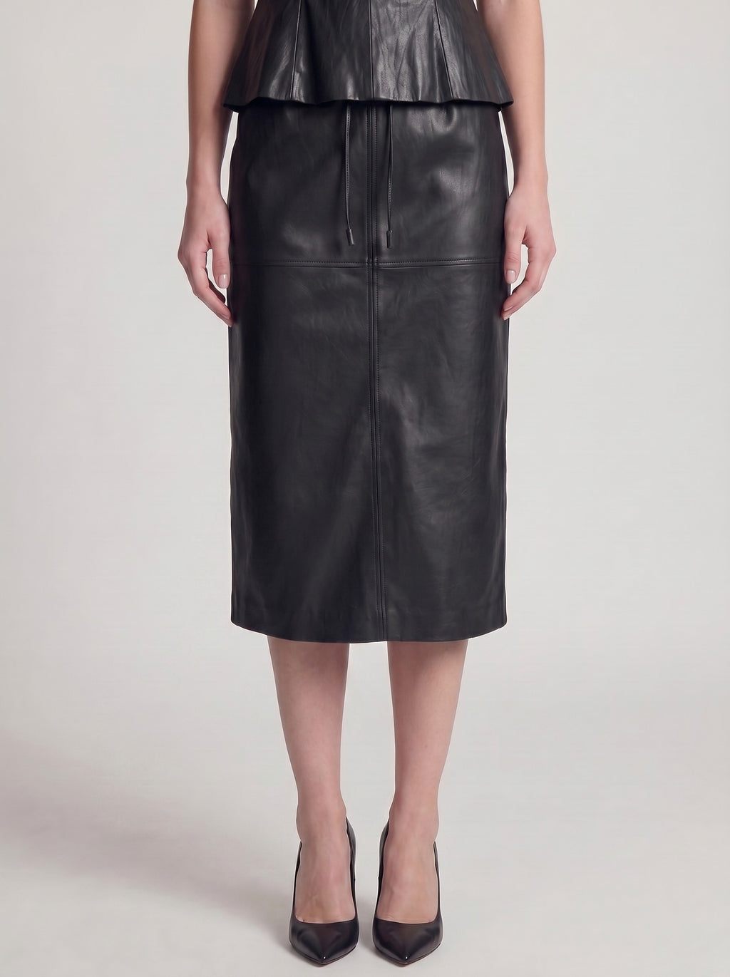 Faux Leather High-Waist Pencil Midi Skirt with Back Slit