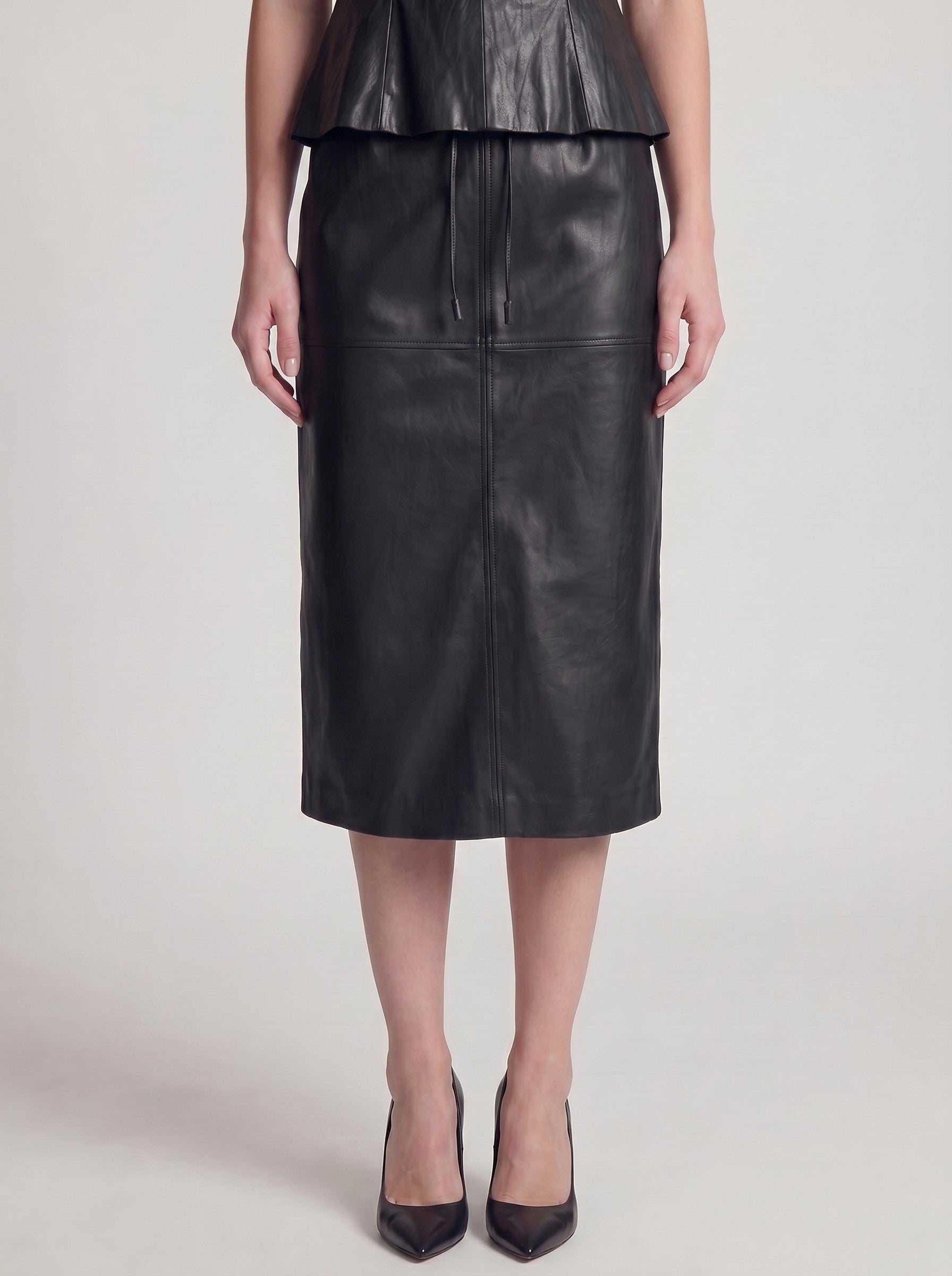 Faux Leather High-Waist Pencil Midi Skirt with Back Slit