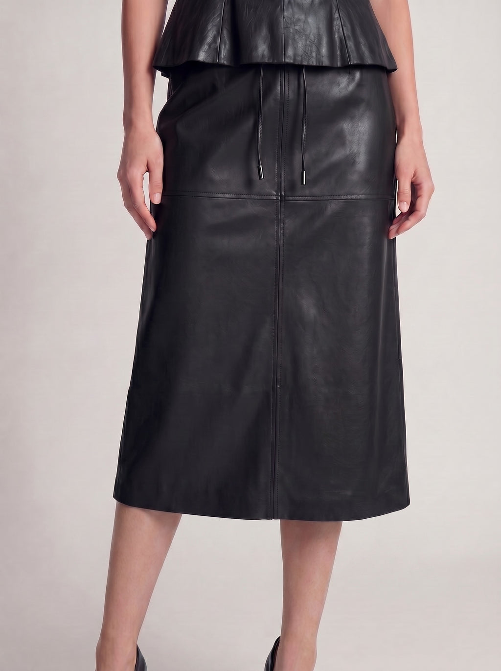Faux Leather High-Waist Pencil Midi Skirt with Back Slit