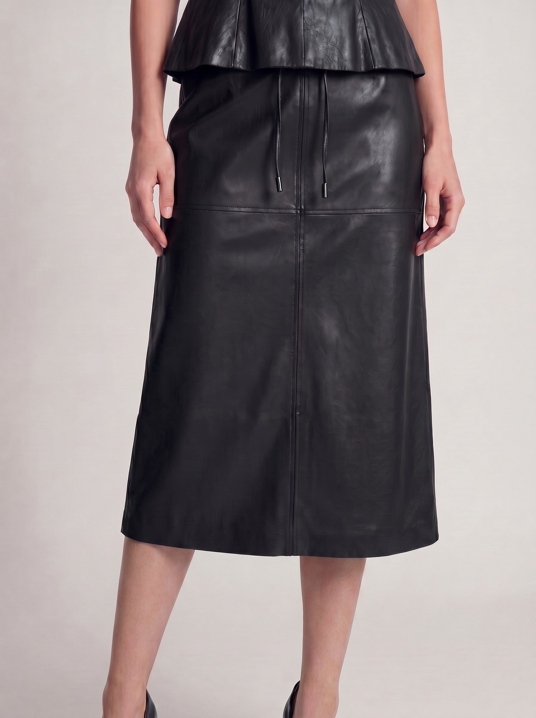 Faux Leather High-Waist Pencil Midi Skirt with Back Slit