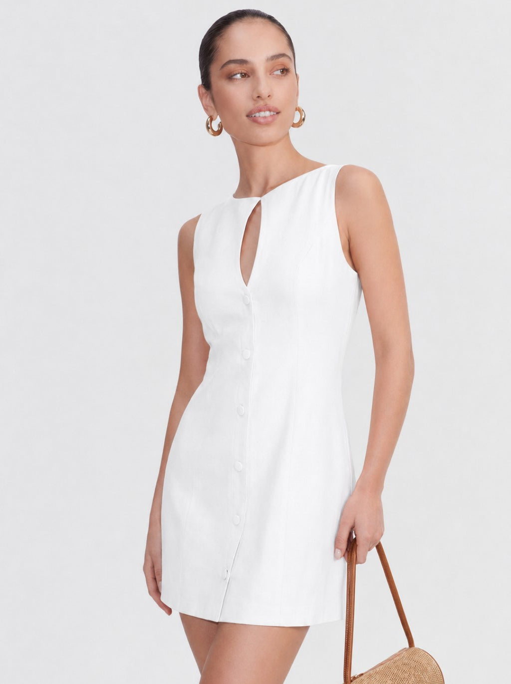 Button-Front Keyhole Linen Mini Dress