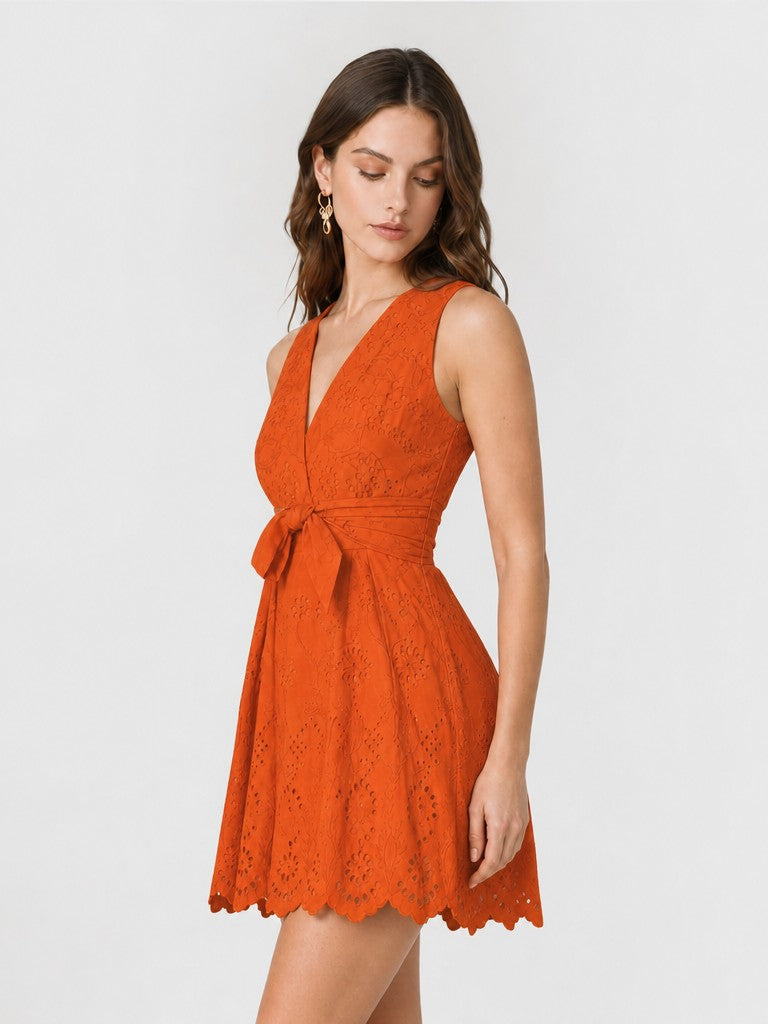 Belted Eyelet Linen Cotton Mini Dress