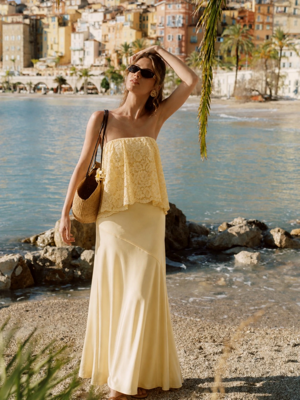 Lace Patchwork Satin Bandeau Dress