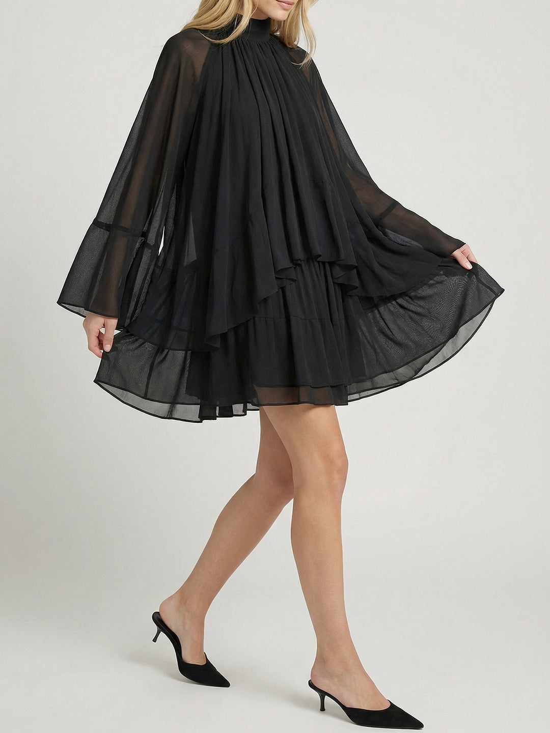 High Neck Loose Fit Long Sleeve Mini Dress