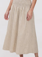 Smocked Waist Linen Midi Skirt