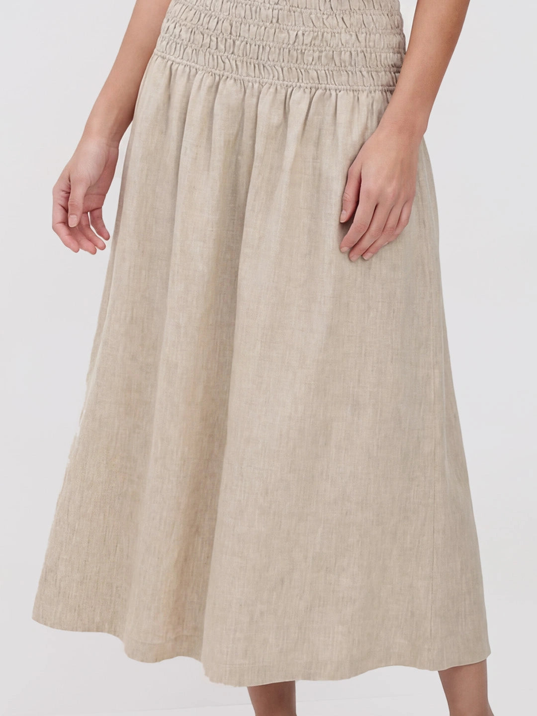 Smocked Waist Linen Midi Skirt