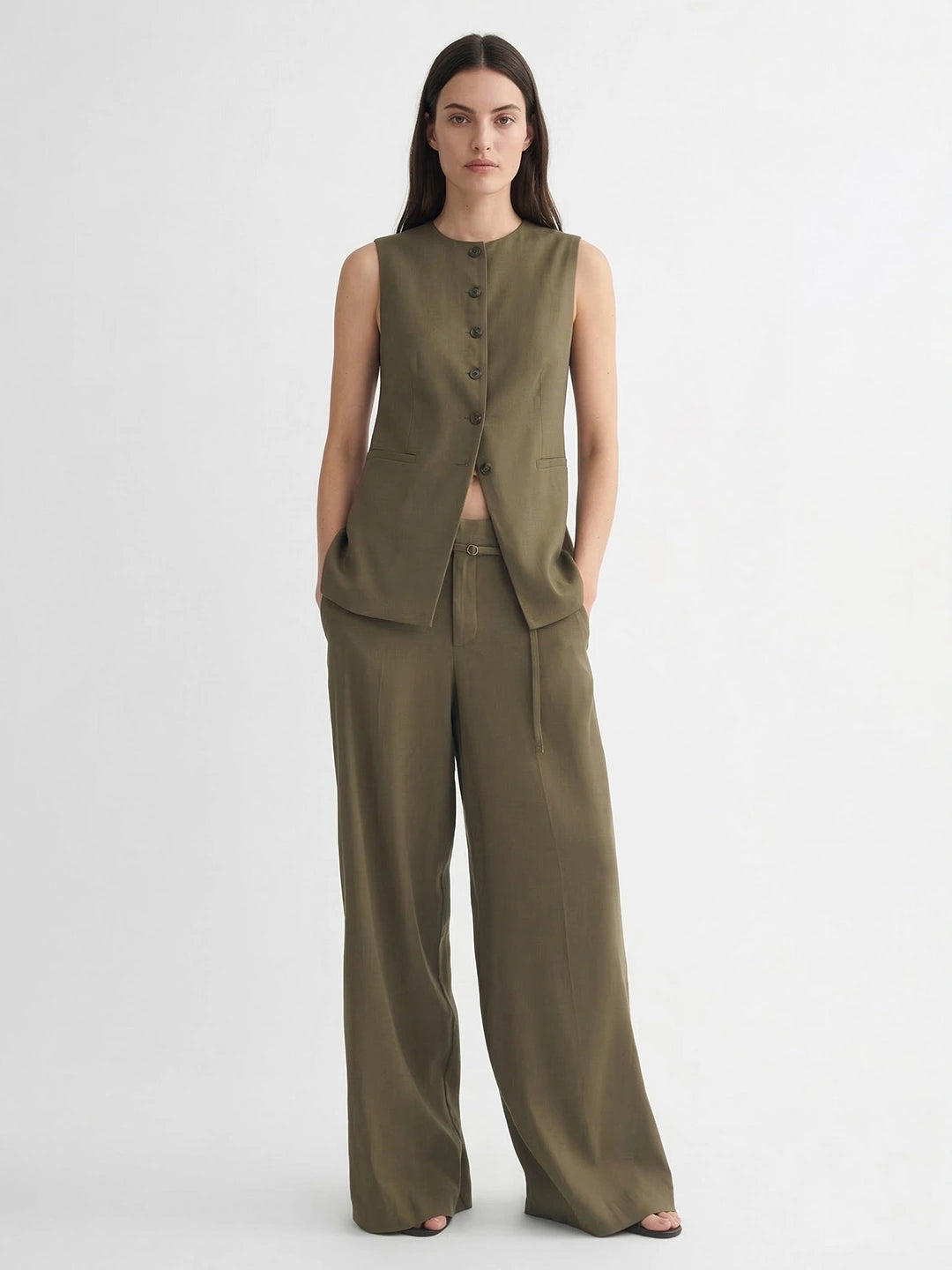 Button Front Long Linen Vest