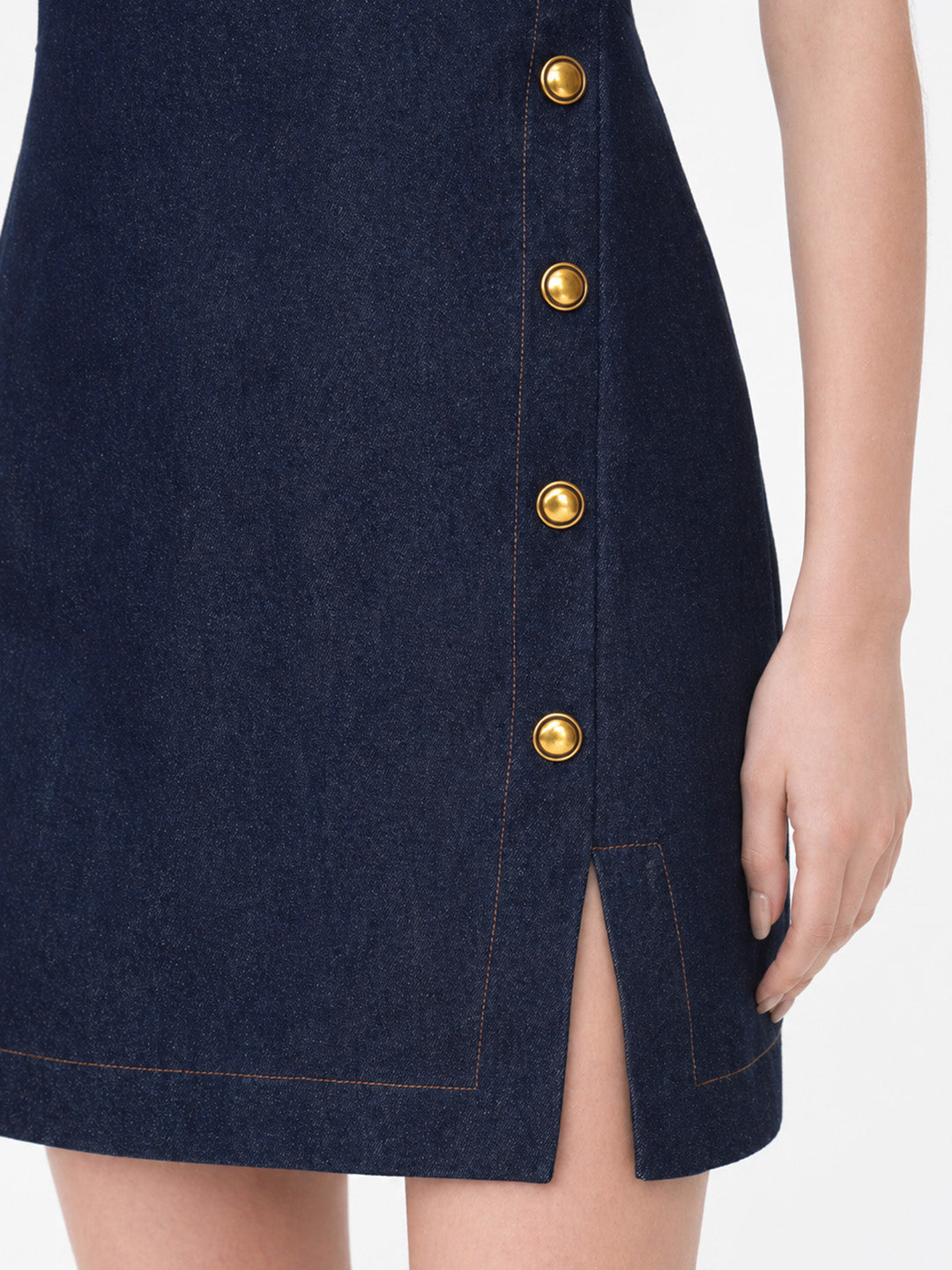 Gold Button Slit Denim Mini Dress