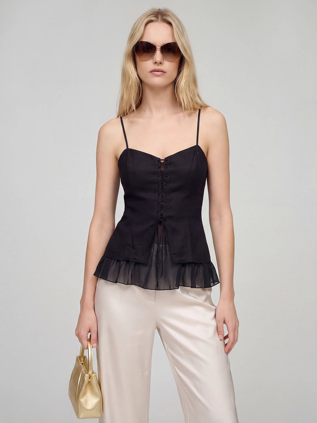 Lace-Up Linen Spaghetti Strap Corset Top