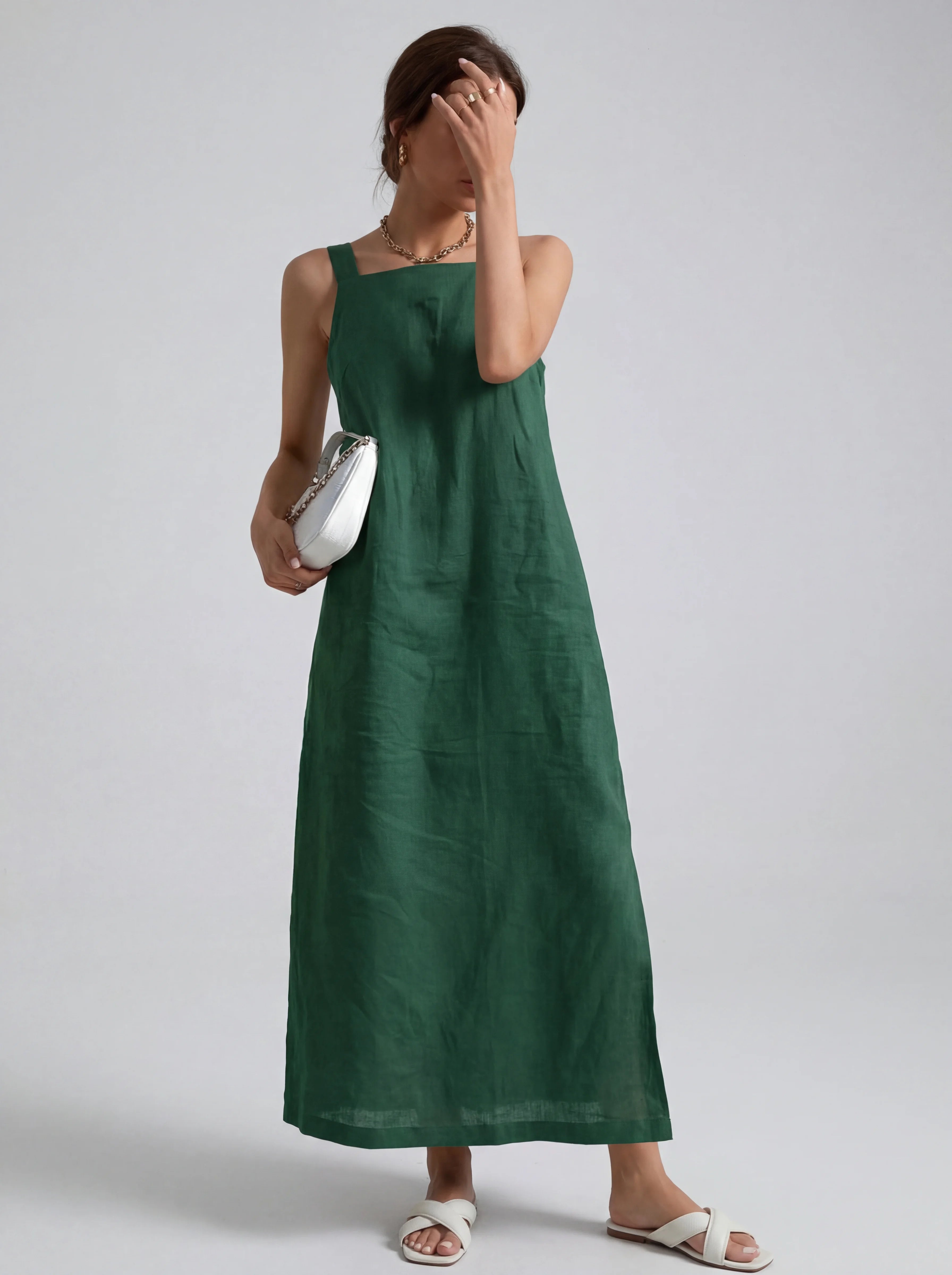 Effortless Linen Square Neck Midi Dress With Side Slit