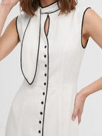 Tie Neck Contrast Piping Linen Dress