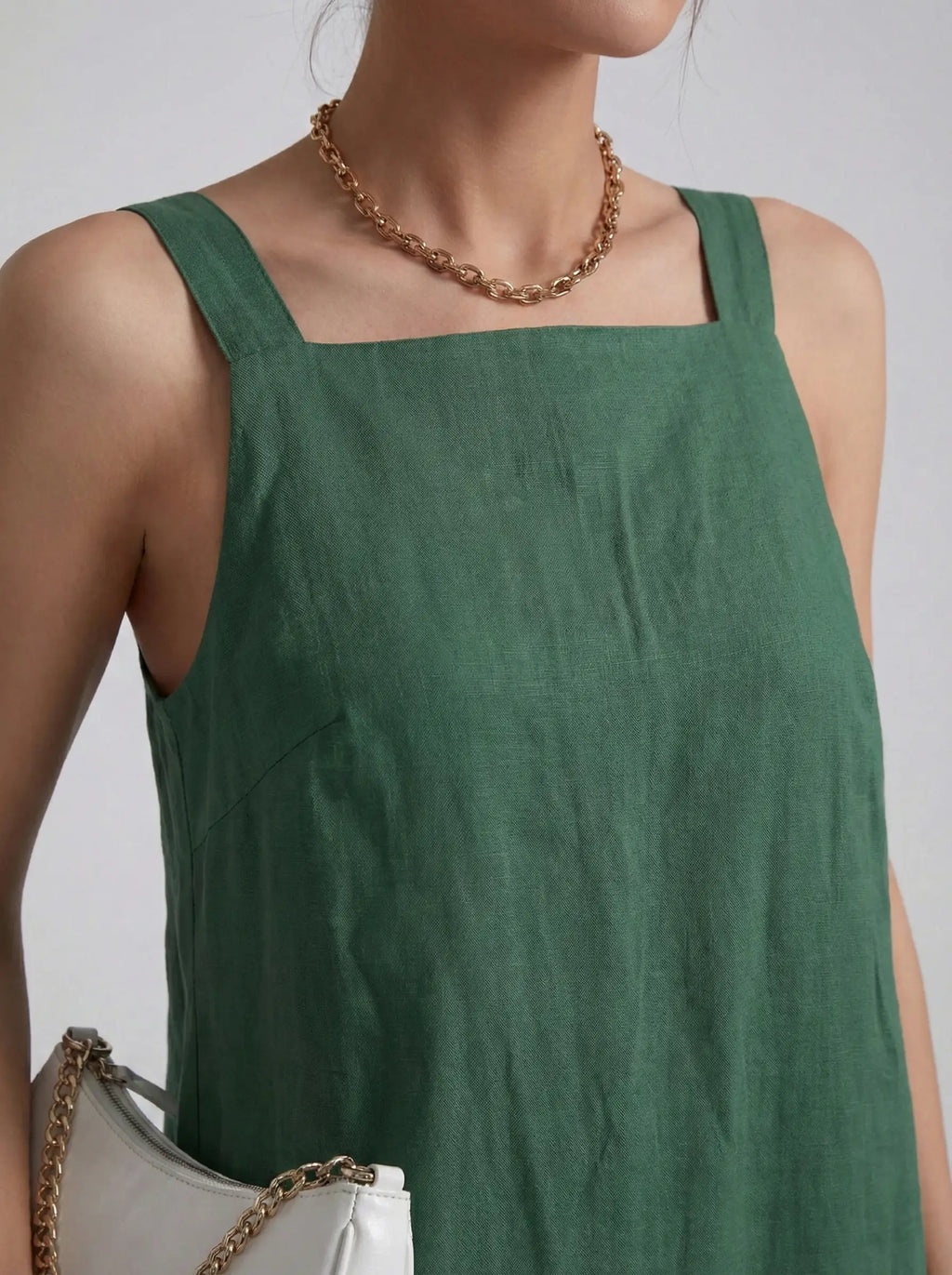 Effortless Linen Square Neck Midi Dress With Side Slit