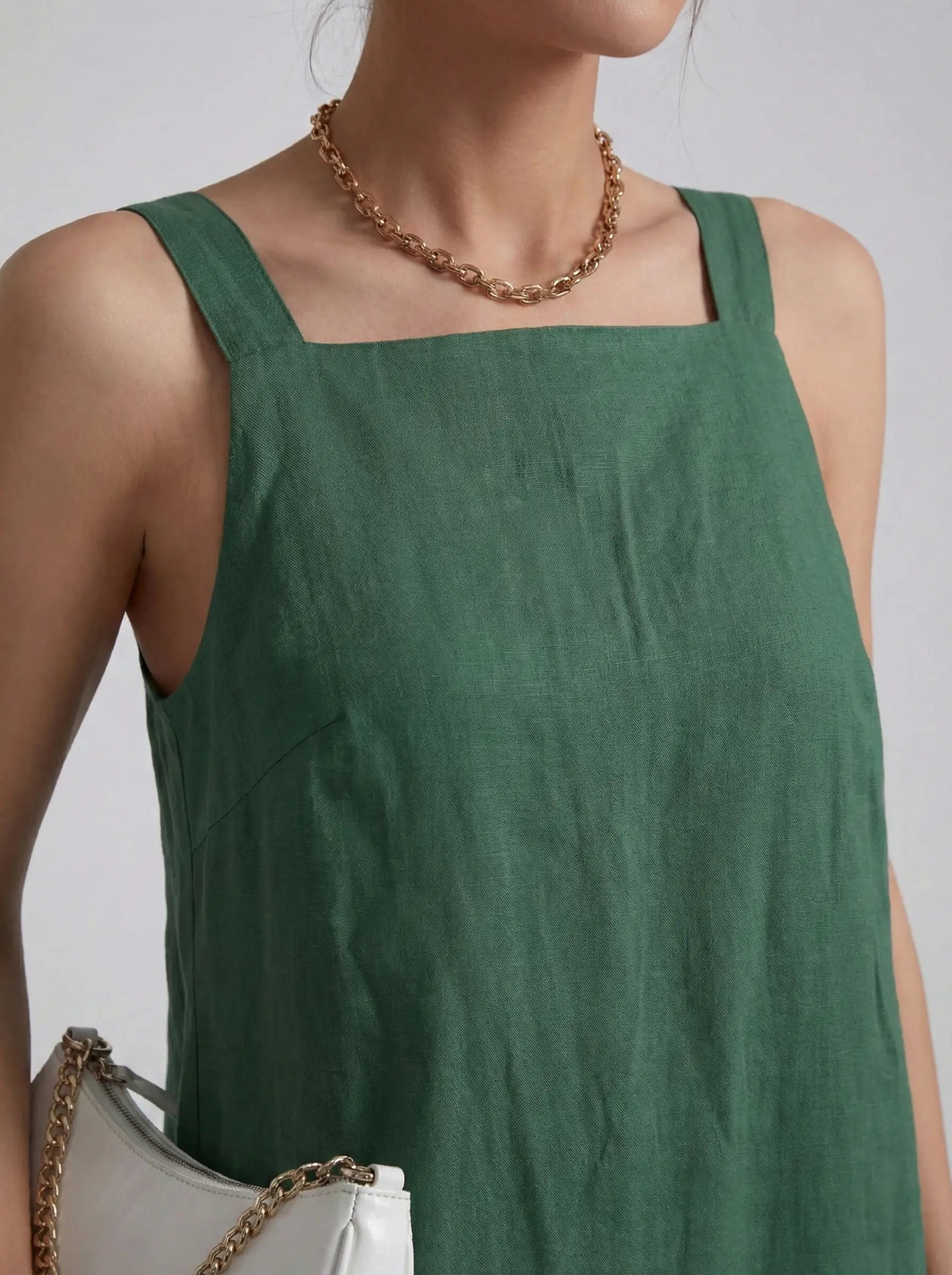 Effortless Linen Square Neck Midi Dress With Side Slit