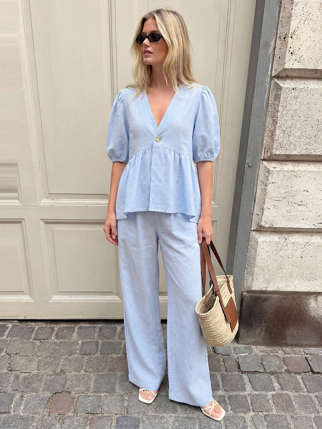 Cotton Peplum Top & Wide Leg Pants Co-ord Set