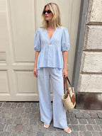 Cotton Peplum Top & Wide Leg Pants Co-ord Set