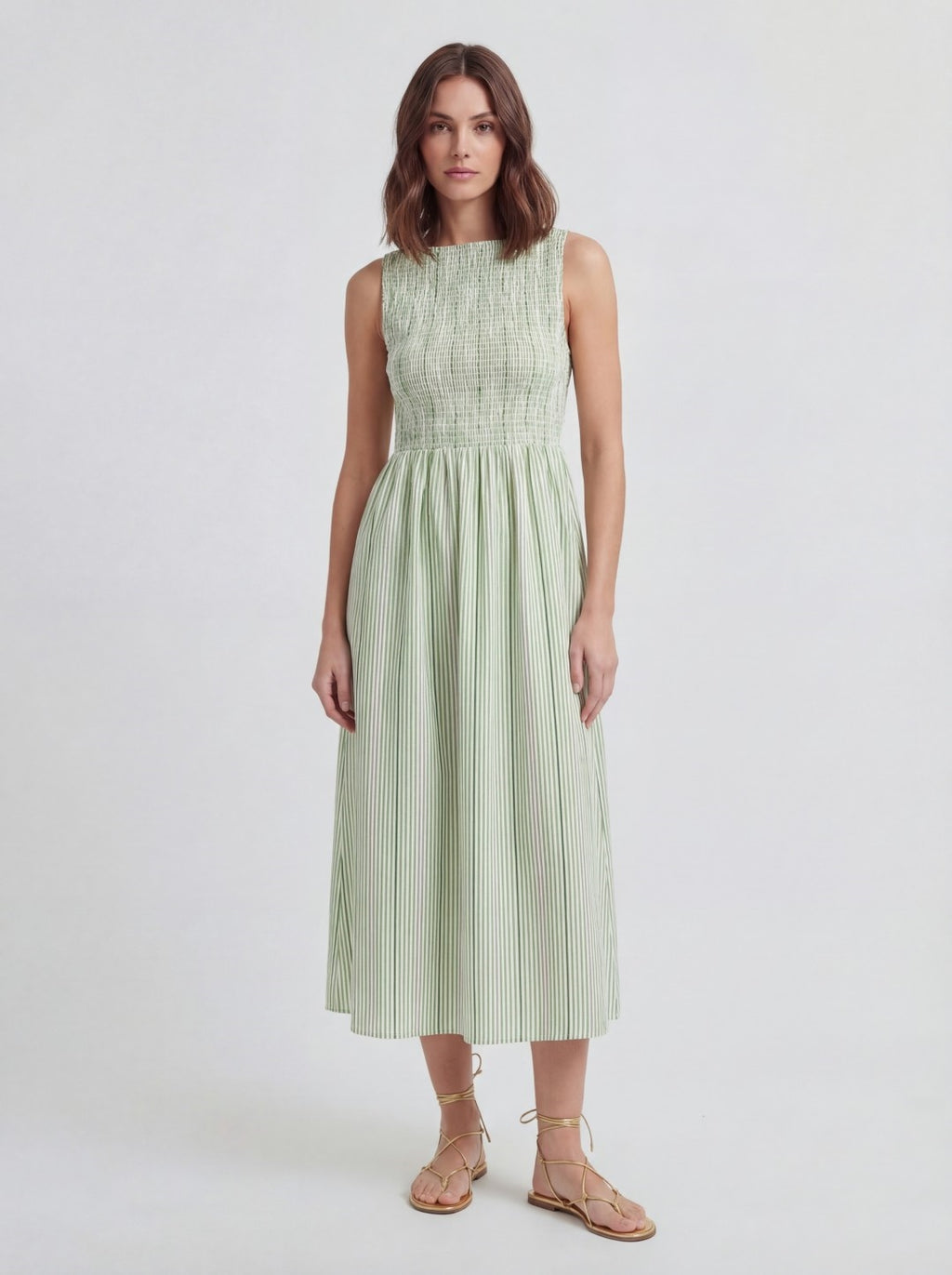 Smocked Bodice Jacquard Stripe Dress