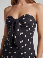 Strapless Polka Dot Ruffle Midi Dress