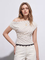 Polka Dot One Shoulder Lace Trim Top