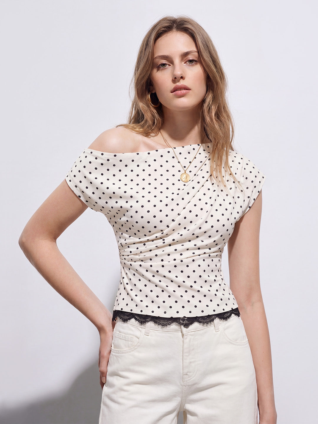 Polka Dot One Shoulder Lace Trim Top