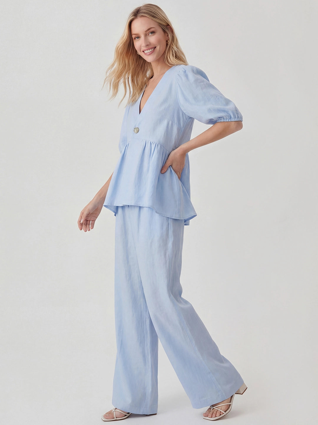 Cotton Peplum Top & Wide Leg Pants Co-ord Set