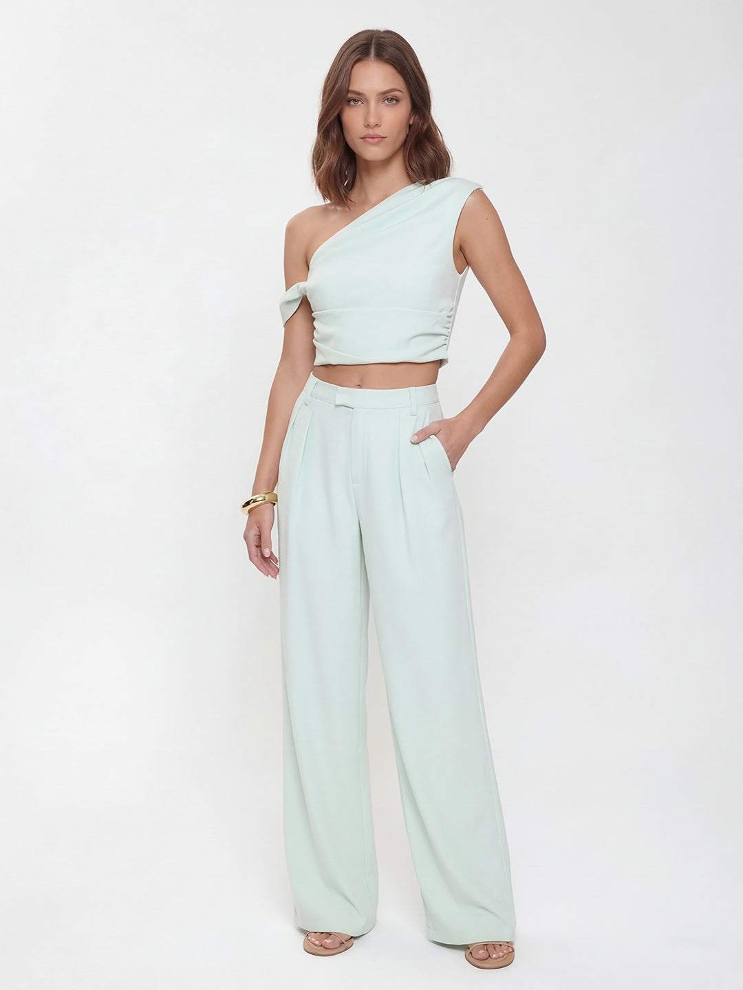 One Shoulder Crop Top Pant Set