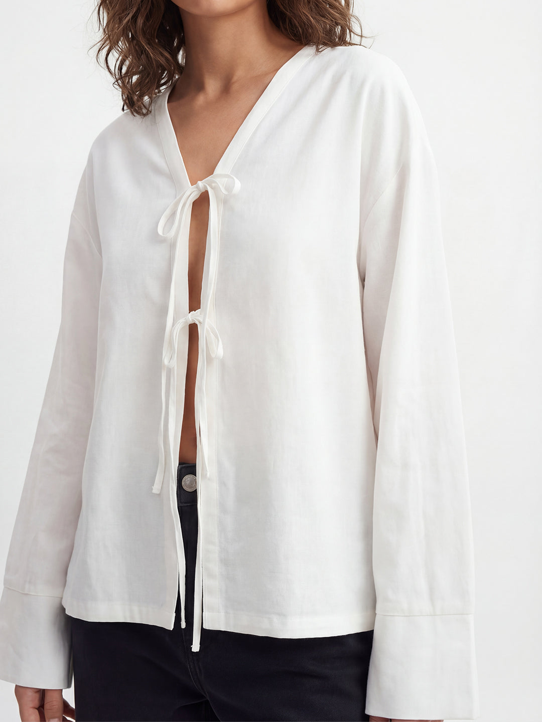 Tie-neck linen Blend Blouse