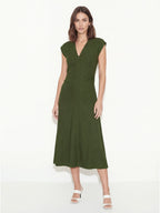 Ruched V-Neck Midi Drape Dress
