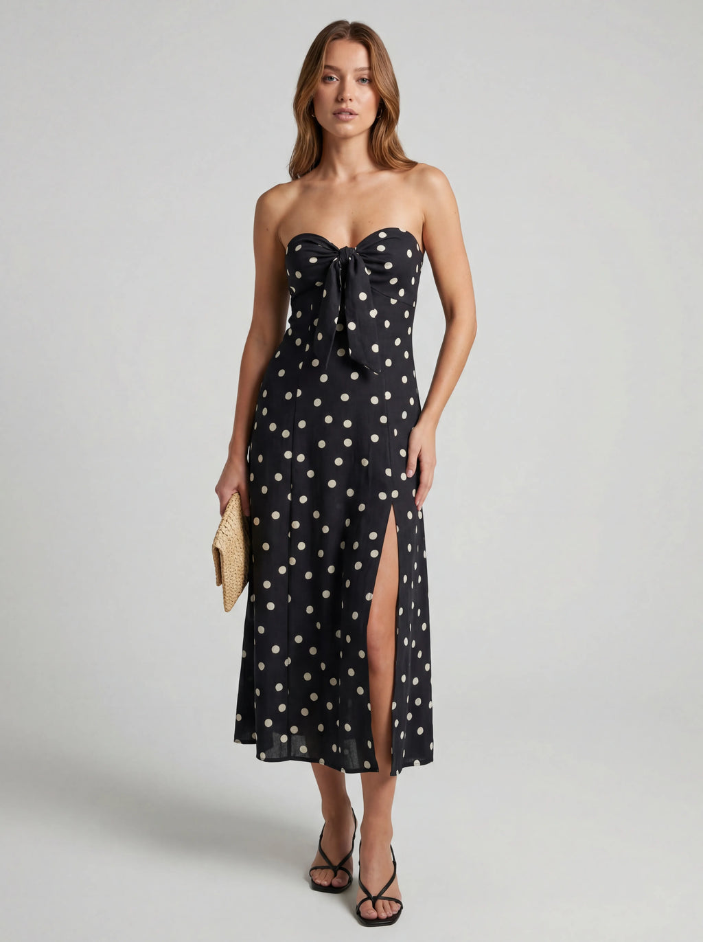 Strapless Polka Dot Ruffle Midi Dress