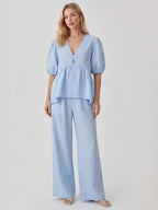 Cotton Peplum Top & Wide Leg Pants Co-ord Set