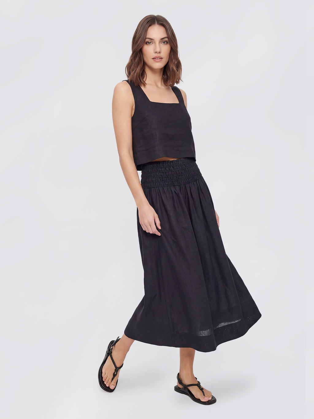 Smocked Waist Linen Midi Skirt