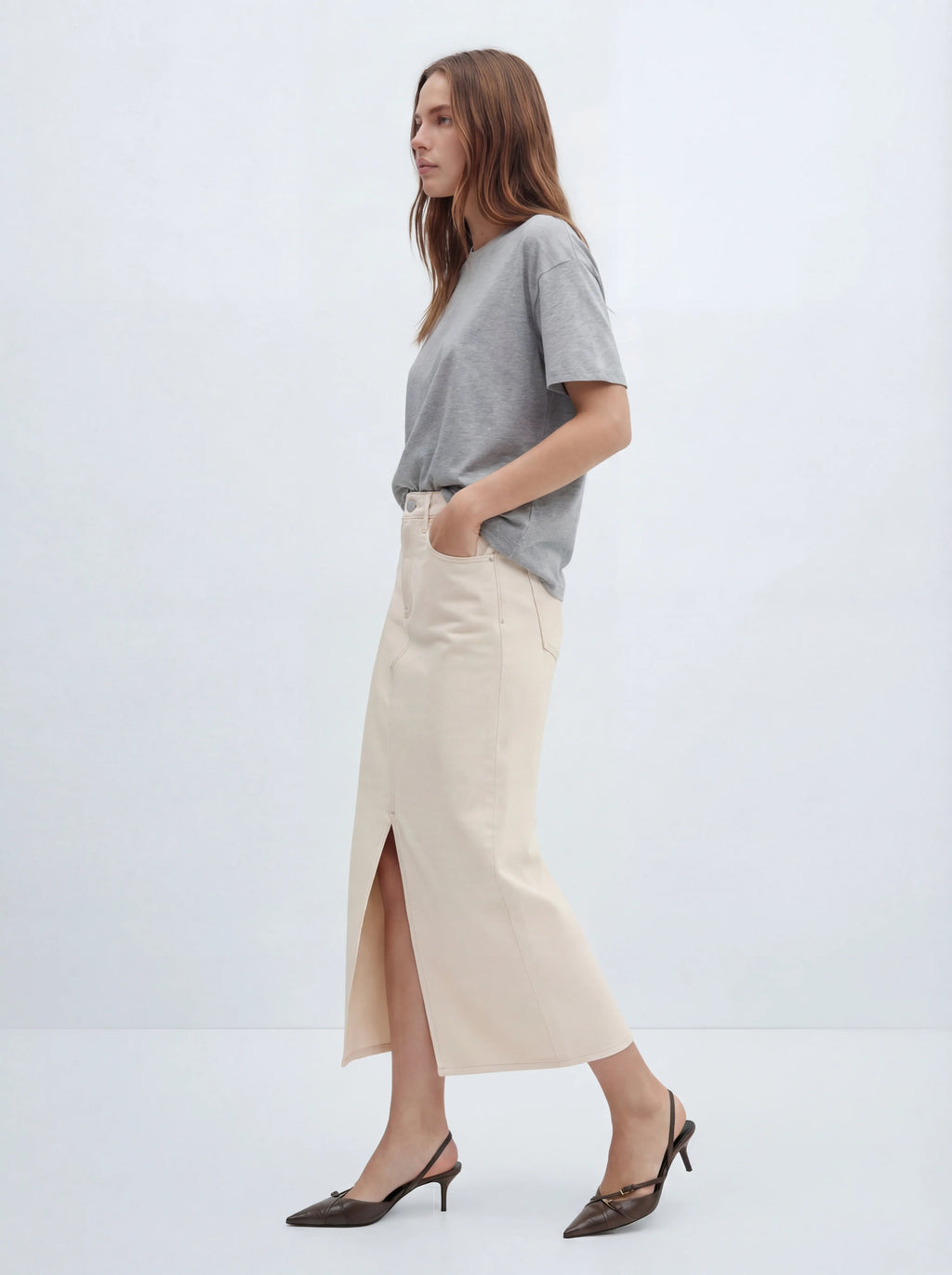 Front-Slit Cotton Denim Skirt