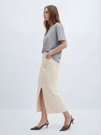 Front-Slit Cotton Denim Skirt