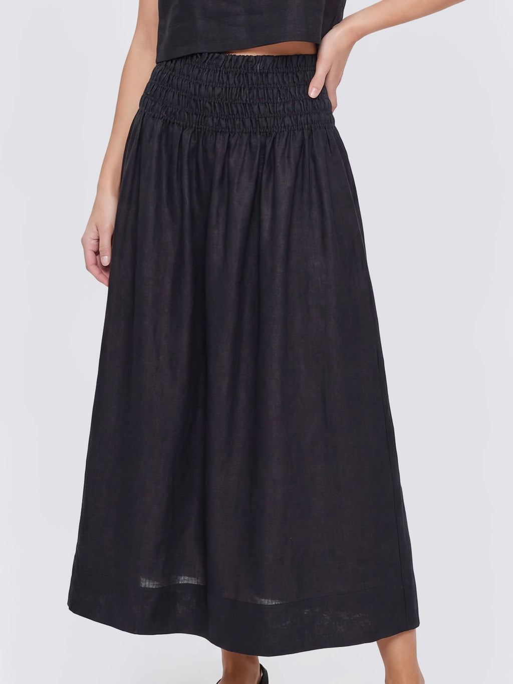 Smocked Waist Linen Midi Skirt