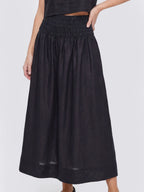 Smocked Waist Linen Midi Skirt