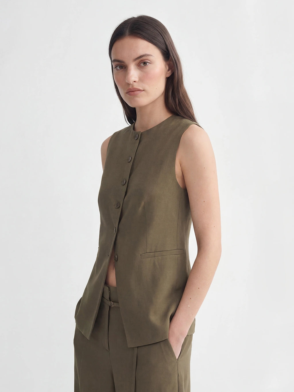 Button Front Long Linen Vest