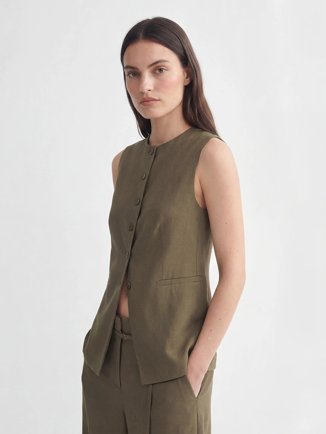 Button Front Long Linen Vest