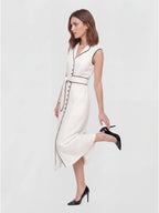 Tie Neck Contrast Piping Linen Dress