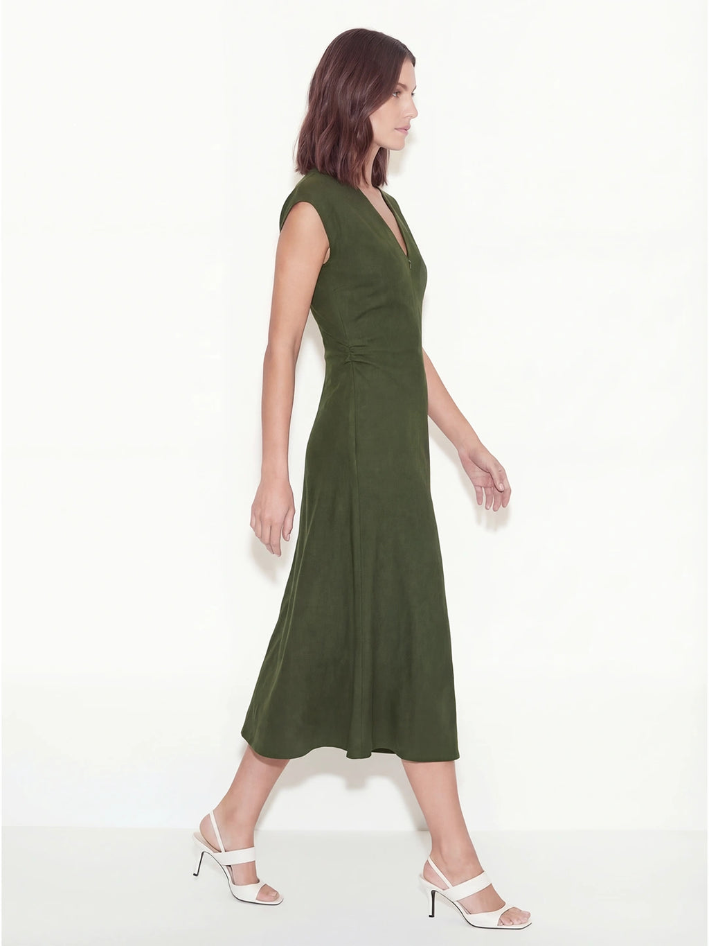 Ruched V-Neck Midi Drape Dress
