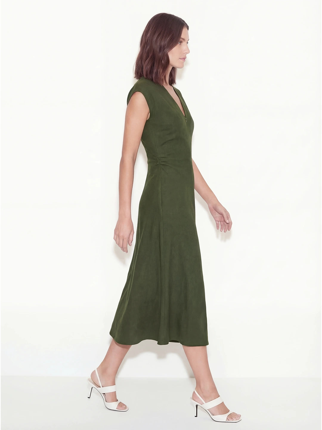Ruched V-Neck Midi Drape Dress